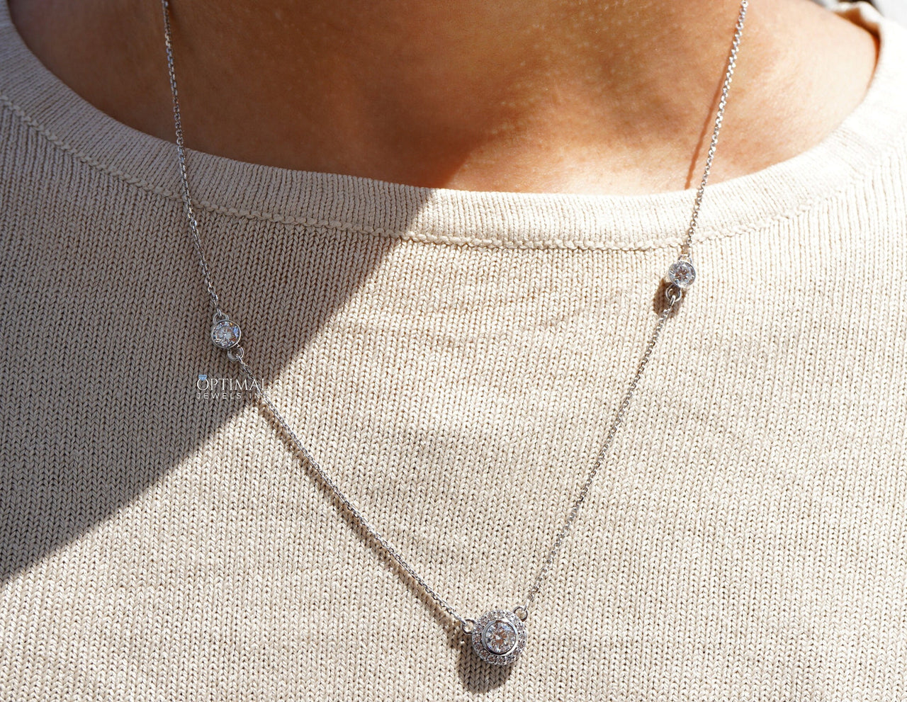 Triple Stone Lab Diamond Necklace 1.00 CTW Round Cut Halo Diamond Pendant, Bezel Set White Gold Chain Pendant, Perfect Birthday Gift For Her