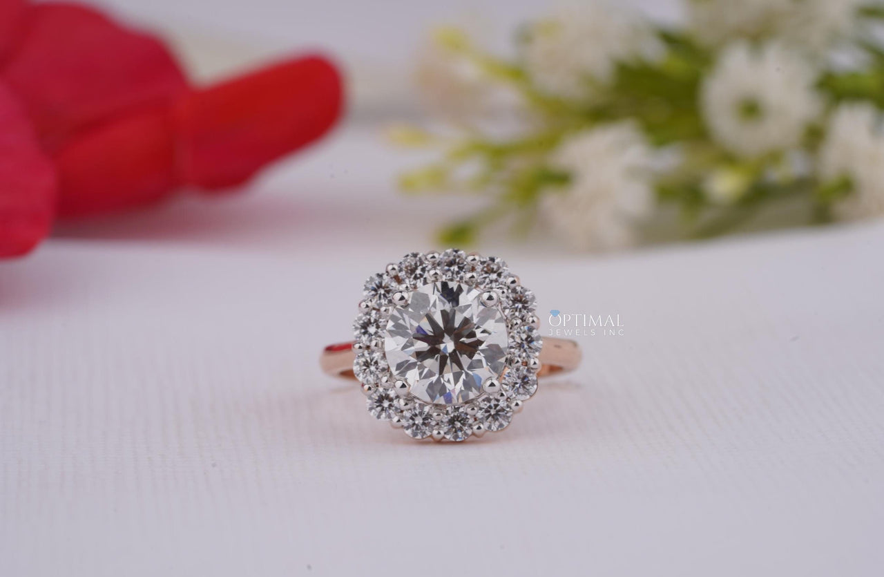 Vintage Style Lab Grown Diamond Ring 3.50 Ctw Round Cut Halo Diamond Ring IGI Certified Lab Created Rose Gold Ring Prefect For All Occasion